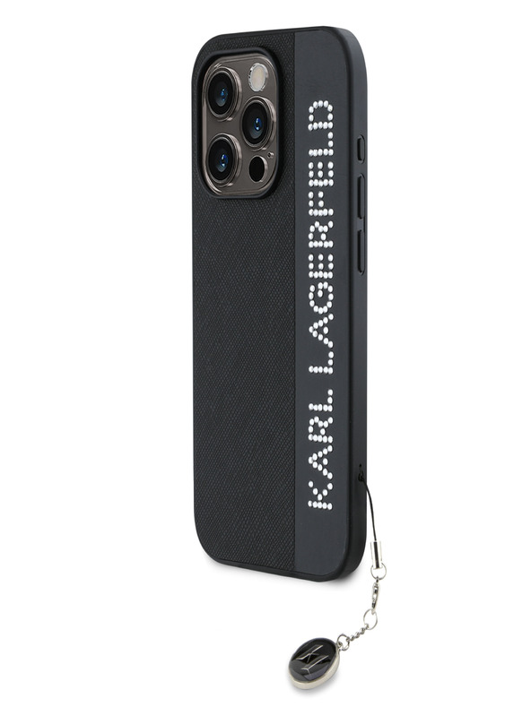 Karl Lagerfeld Karl Lagerfeld PU szaffianó strasszos bájos hátlapi borító iPhone 15 Pro Max készülékhez Fekete