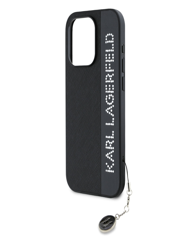 Karl Lagerfeld Karl Lagerfeld PU szaffianó strasszos bájos hátlapi borító iPhone 15 Pro Max készülékhez Fekete