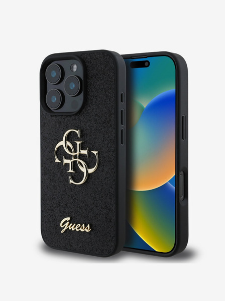 Guess Guess PU fix csillogó 4G fém logós hátlap iPhone 16 Pro Max fekete iPhone 16 Pro Maxhoz