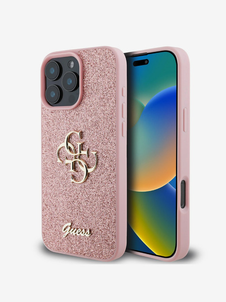 Guess Guess PU Fixed Glitter 4G fém logós hátlap iPhone 16 Pro rózsaszínű iPhone 16 Pro készülékhez
