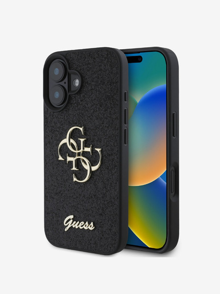 Guess Guess PU fix csillogó 4G fém logós fém hátlap iPhone 16-hoz Fekete