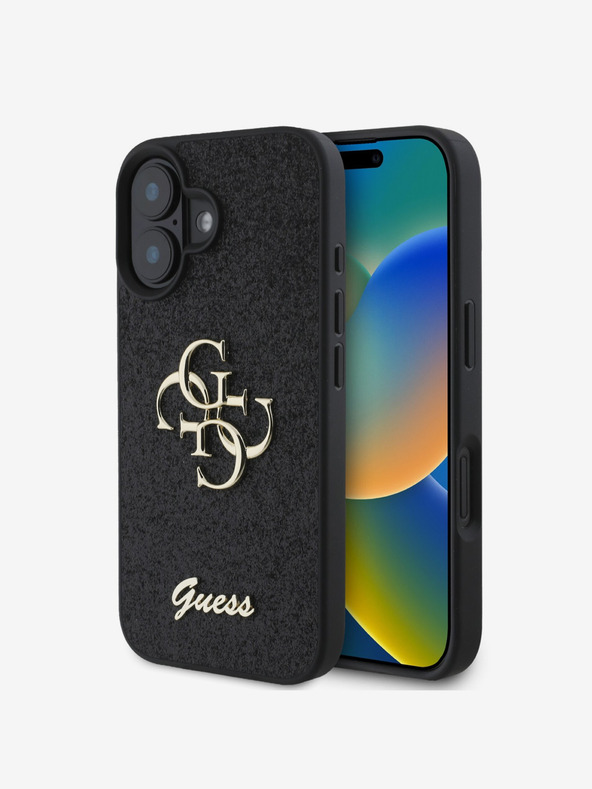 Guess Guess PU fix csillogó 4G fém logós fém hátlap iPhone 16-hoz Fekete