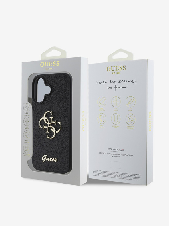 Guess Guess PU fix csillogó 4G fém logós fém hátlap iPhone 16-hoz Fekete