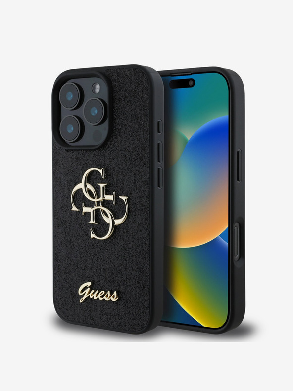 Guess Guess PU Fixed Glitter 4G fém logós hátlap iPhone 16 Pro fekete iPhone 16 készülékhez