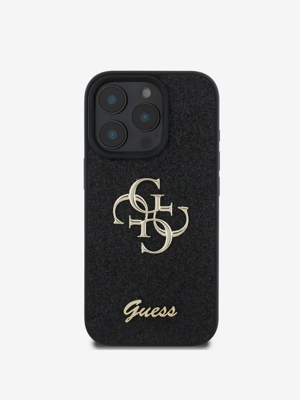 Guess Guess PU Fixed Glitter 4G fém logós hátlap iPhone 16 Pro fekete iPhone 16 készülékhez