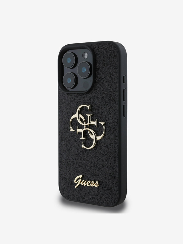 Guess Guess PU Fixed Glitter 4G fém logós hátlap iPhone 16 Pro fekete iPhone 16 készülékhez