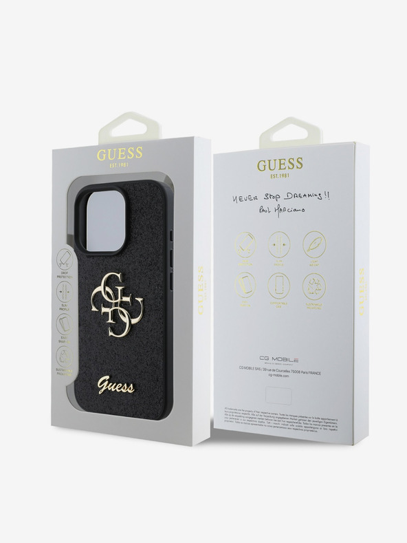 Guess Guess PU Fixed Glitter 4G fém logós hátlap iPhone 16 Pro fekete iPhone 16 készülékhez