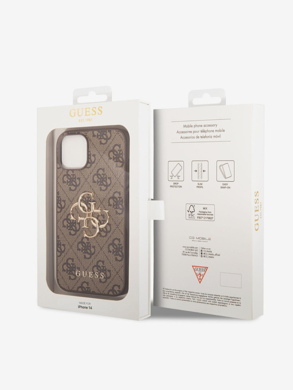 Guess Guess PU 4G fém logós fém hátlap iPhone 14 készülékhez Barna
