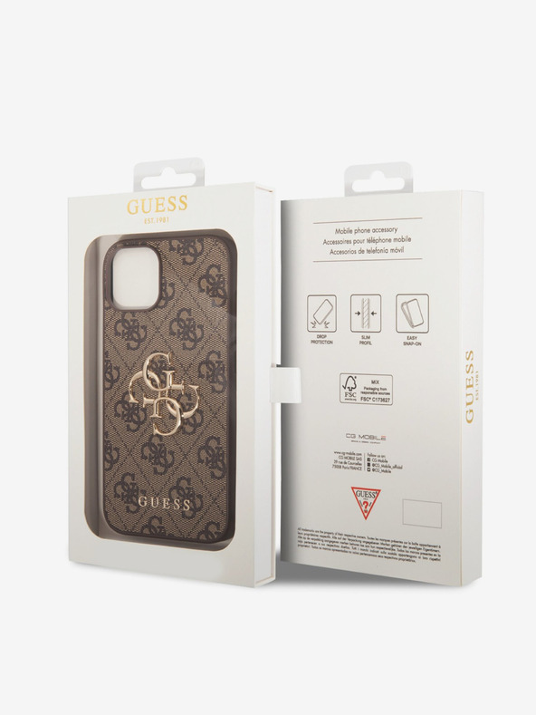 Guess Guess PU 4G fém logós hátlap iPhone 15 készülékhez Barna