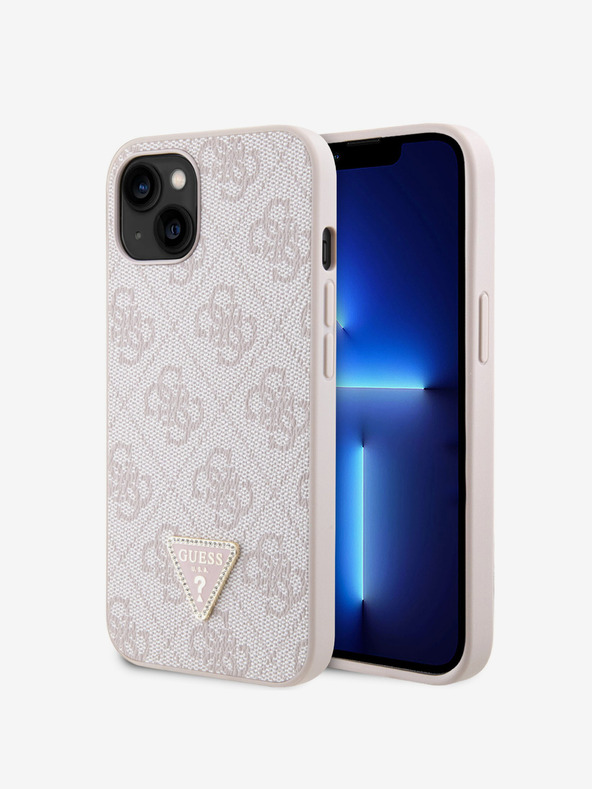 Guess Guess PU 4G Strass háromszög fém logós hátlap iPhone 15-hez Rózsaszínű
