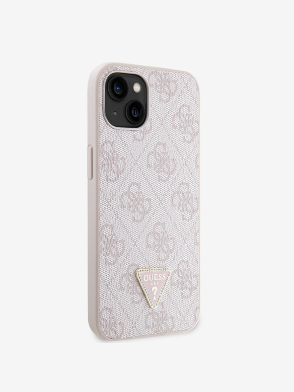 Guess Guess PU 4G Strass háromszög fém logós hátlap iPhone 15-hez Rózsaszínű