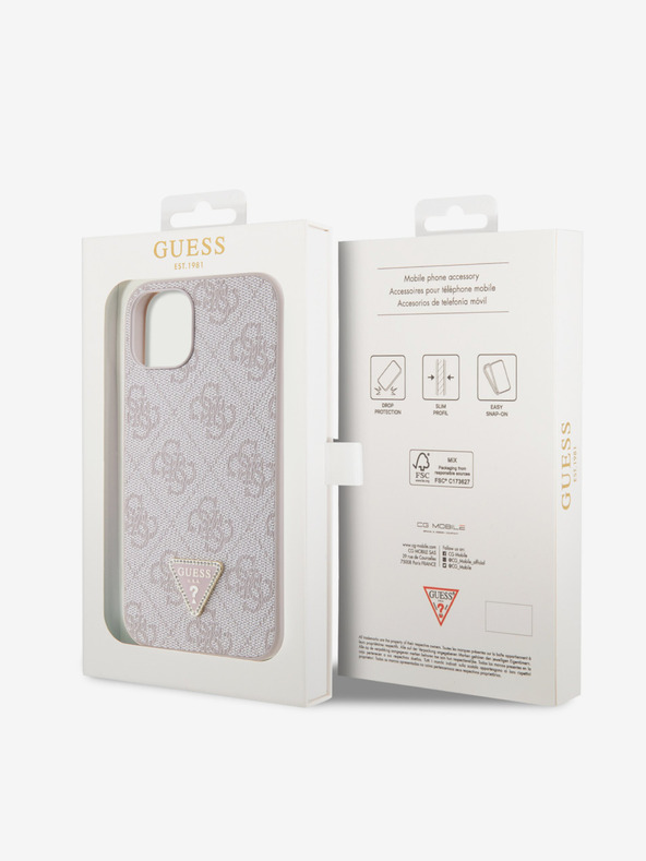Guess Guess PU 4G Strass háromszög fém logós hátlap iPhone 15-hez Rózsaszínű