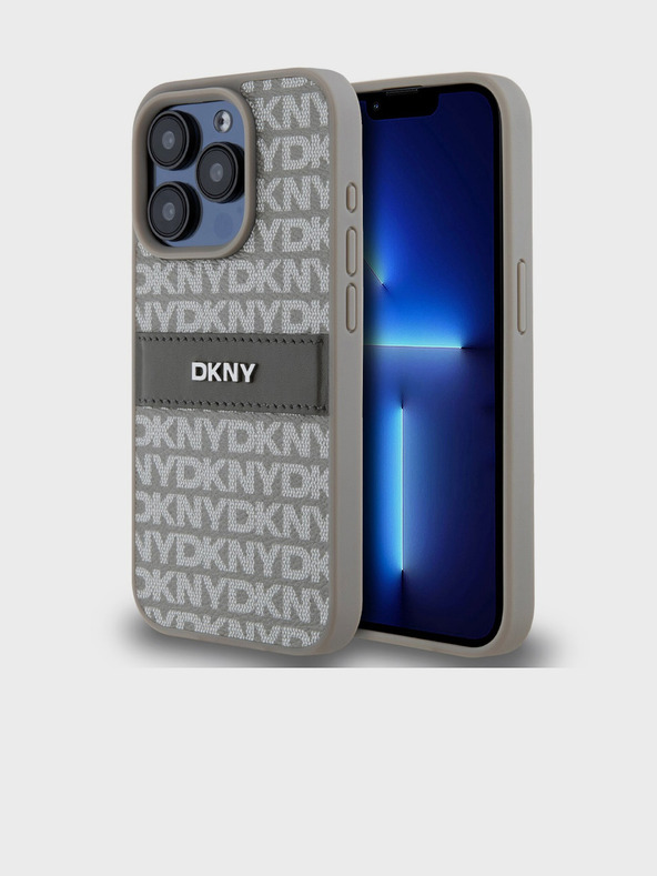 DKNY PU bőr ismétlődő mintás, tónusos csíkos hátlap iPhone 14 Pro Max bézs DKNY DKNY