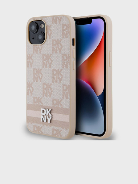 DKNY PU bőr kockás mintás és csíkos hátlapi borító iPhone 14 készülékhez Rózsaszín DKNY