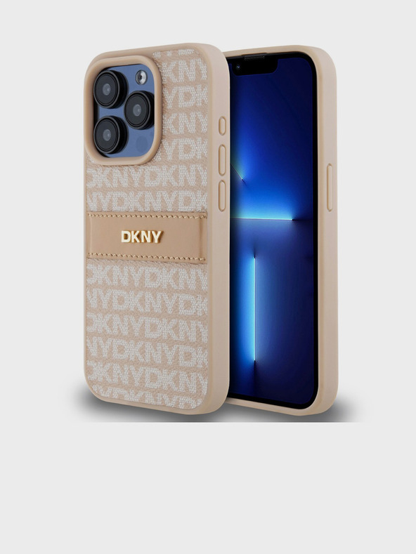 DKNY PU bőr ismétlődő mintás, tónusos csíkos hátlap iPhone 14 Pro Max rózsaszín DKNY