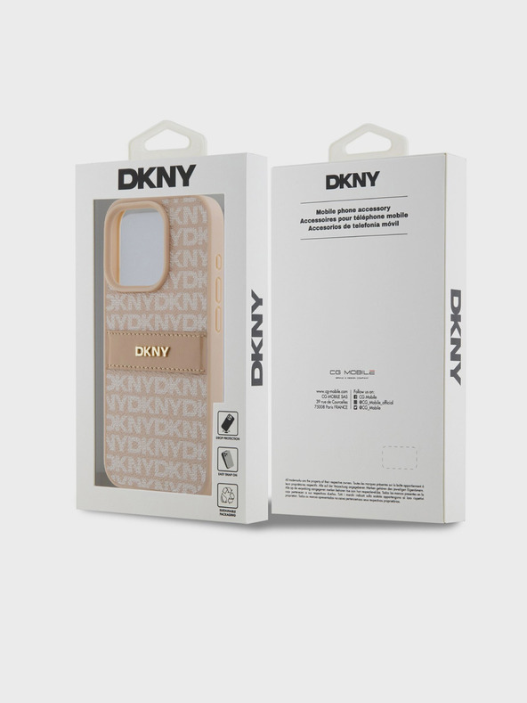 DKNY PU bőr ismétlődő mintás, tónusos csíkos hátlap iPhone 14 Pro Max rózsaszín DKNY