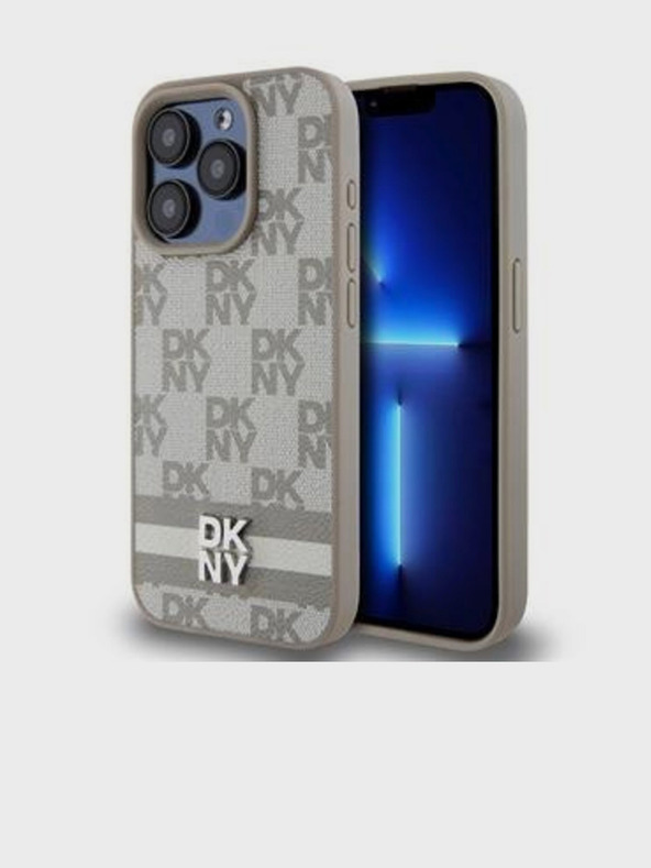 DKNY PU bőrből készült, kockás mintás és csíkos hátlapi borító iPhone 15 Pro Max bézs DKNY