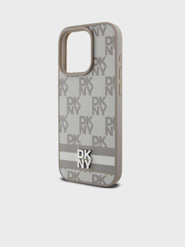 DKNY PU bőrből készült, kockás mintás és csíkos hátlapi borító iPhone 15 Pro Max bézs DKNY