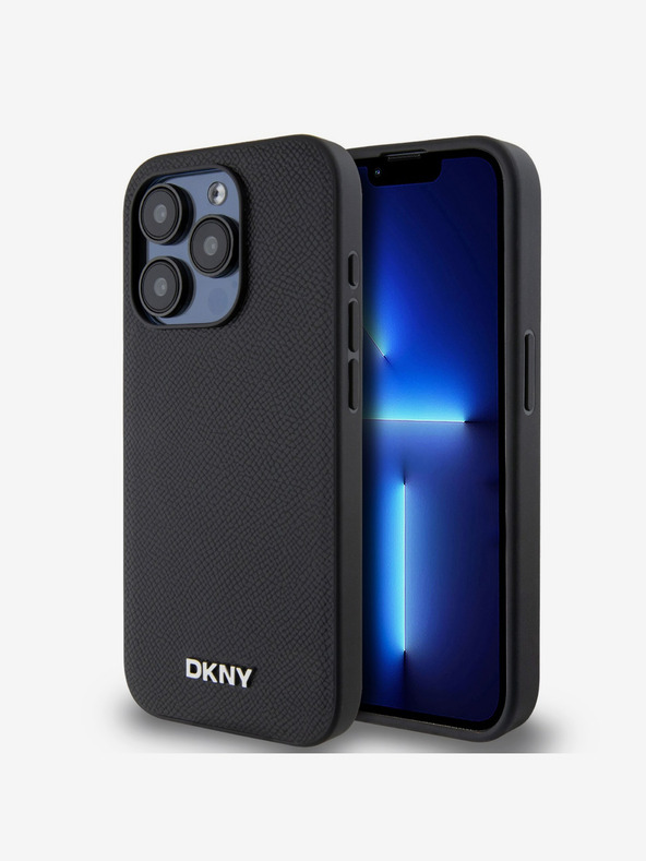 DKNY PU bőr ezüst fém logós Magsafe hátlap iPhone 15 Pro Max-hoz Fekete DKNY