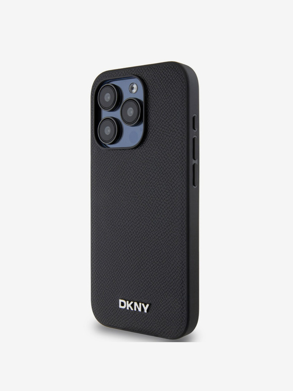 DKNY PU bőr ezüst fém logós Magsafe hátlap iPhone 15 Pro Max-hoz Fekete DKNY