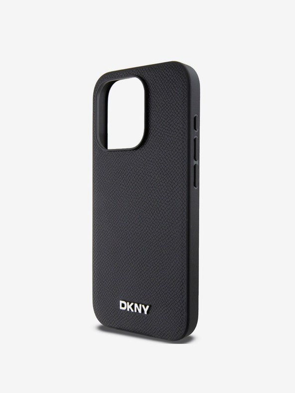 DKNY PU bőr ezüst fém logós Magsafe hátlap iPhone 15 Pro Max-hoz Fekete DKNY