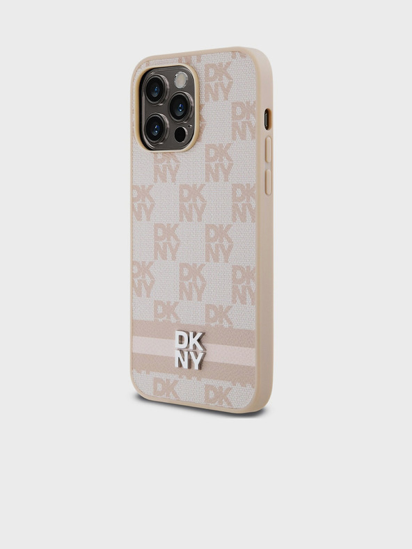 DKNY PU bőrből készült kockás mintás és csíkos hátlapi borító iPhone 15 Pro Max rózsaszín DKNY