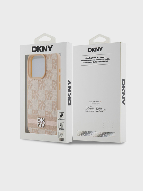 DKNY PU bőrből készült kockás mintás és csíkos hátlapi borító iPhone 15 Pro Max rózsaszín DKNY