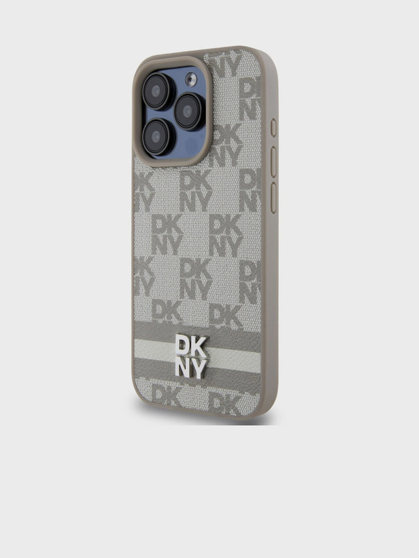 DKNY PU bőrből készült kockás mintás és csíkos hátlapi borító iPhone 14 Pro Max bézs DKNY bézs színű iPhone 14 Pro Max készülékhez