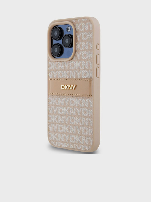 DKNY PU bőr ismétlődő mintás, tónusos csíkos hátlap iPhone 14 Pro rózsaszín DKNY