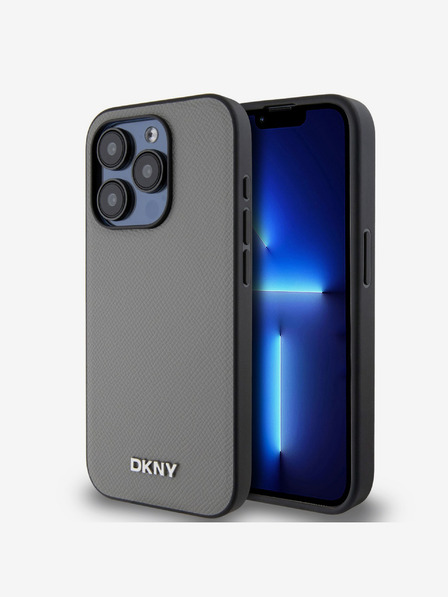 DKNY PU bőr ezüst fém logós Magsafe hátlap iPhone 15 Pro Max-hoz szürke DKNY