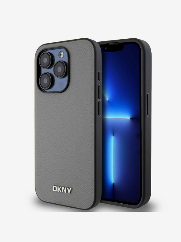 DKNY PU bőr ezüst fém logós Magsafe hátlap iPhone 15 Pro Max-hoz szürke DKNY