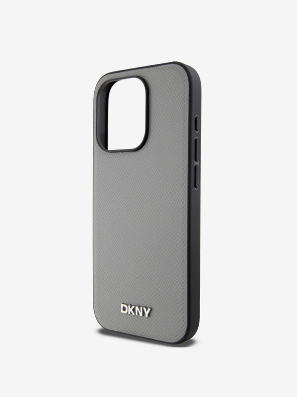 DKNY PU bőr ezüst fém logós Magsafe hátlap iPhone 15 Pro Max-hoz szürke DKNY