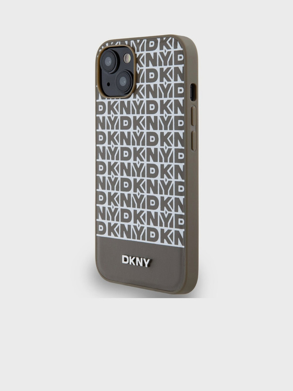 DKNY PU bőr Ismétlődő mintás alsó csíkos MagSafe hátlap iPhone 15-hez Barna DKNY