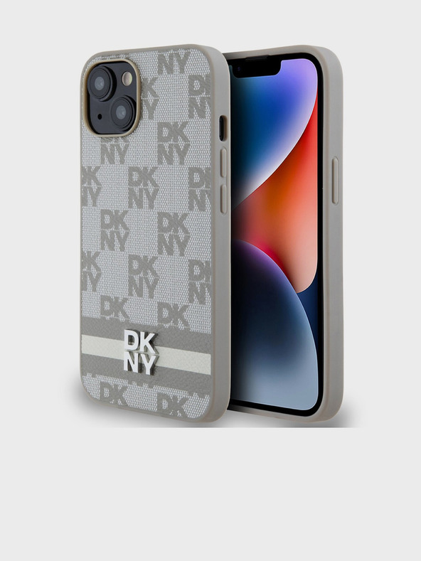 DKNY PU bőr kockás mintás és csíkos hátlapi borító iPhone 15 készülékhez Bézs DKNY DKNY
