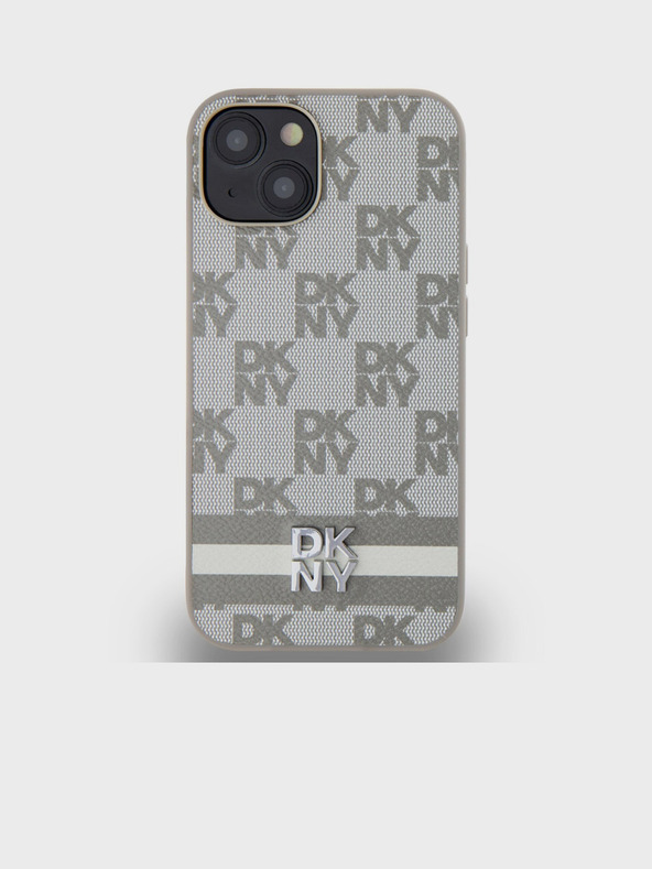 DKNY PU bőr kockás mintás és csíkos hátlapi borító iPhone 15 készülékhez Bézs DKNY DKNY