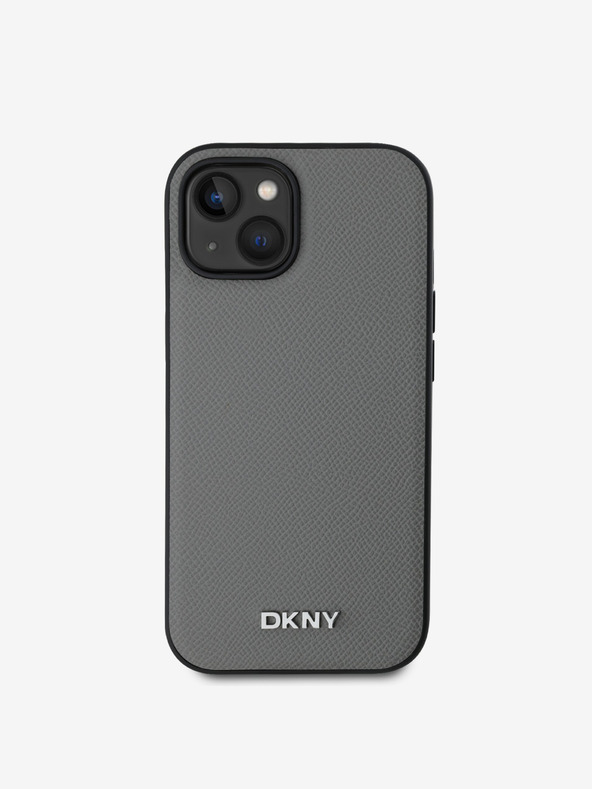 DKNY PU bőr ezüst fém logós Magsafe hátlap iPhone 14 készülékhez Szürke DKNY
