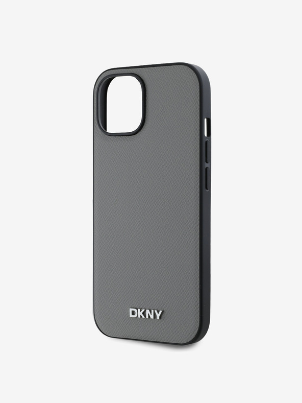 DKNY PU bőr ezüst fém logós Magsafe hátlap iPhone 14 készülékhez Szürke DKNY