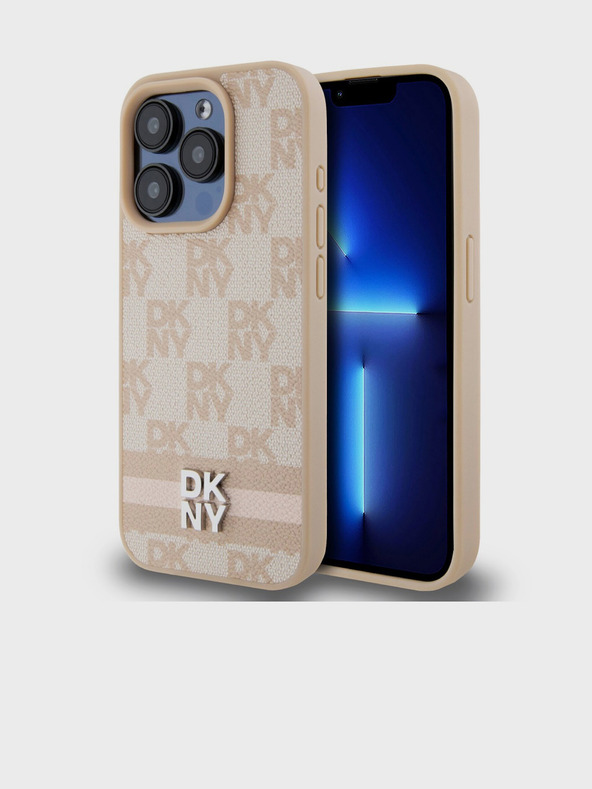DKNY PU bőr kockás mintás és csíkos hátlapi borító iPhone 14 Pro rózsaszín DKNY rózsaszín iPhone 14 Pro-hoz