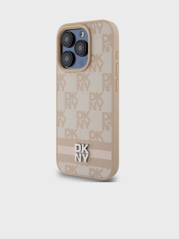 DKNY PU bőr kockás mintás és csíkos hátlapi borító iPhone 14 Pro rózsaszín DKNY rózsaszín iPhone 14 Pro-hoz