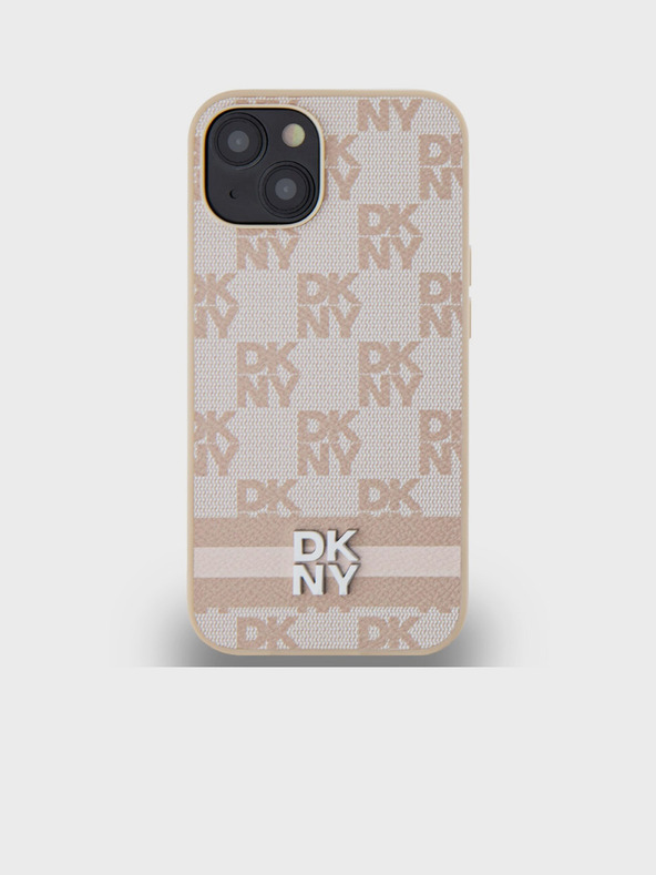 DKNY PU bőr kockás mintás és csíkos hátlapi borító iPhone 15 készülékhez Rózsaszín DKNY