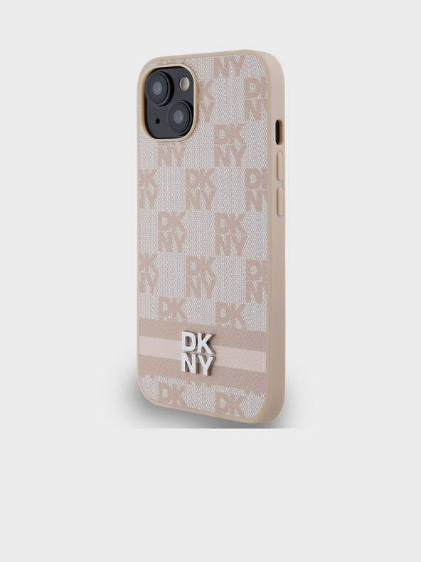 DKNY PU bőr kockás mintás és csíkos hátlapi borító iPhone 15 készülékhez Rózsaszín DKNY