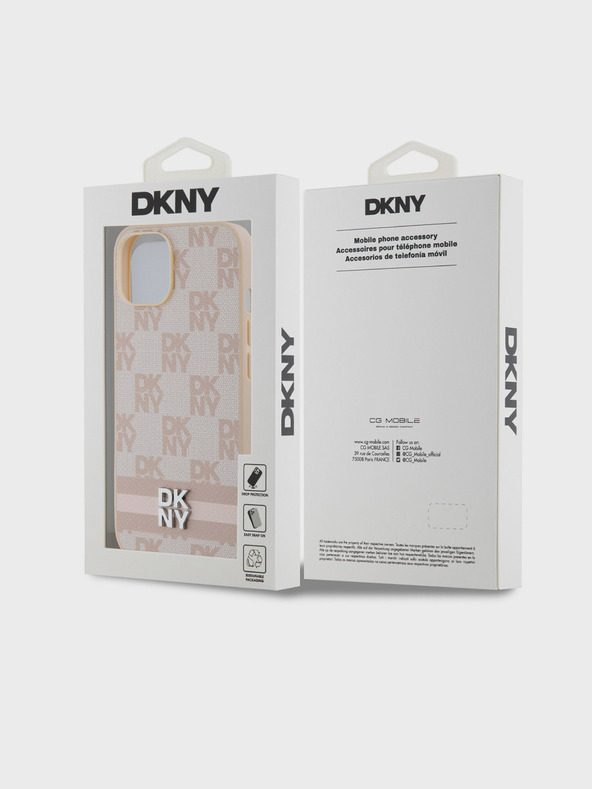 DKNY PU bőr kockás mintás és csíkos hátlapi borító iPhone 15 készülékhez Rózsaszín DKNY