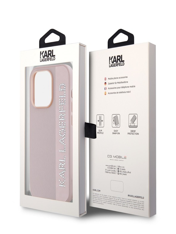 Karl Lagerfeld Karl Lagerfeld PU szaffianó strasszos bájos hátsó borító iPhone 15 Pro Max rózsaszínű készülékéhez