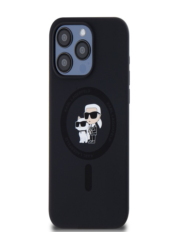 Karl Lagerfeld Folyékony szilikon Karl és Choupette Magsafe hátlap iPhone 15 Pro Max fekete Karl Lagerfeld fekete iPhone 15 Pro Max-hoz