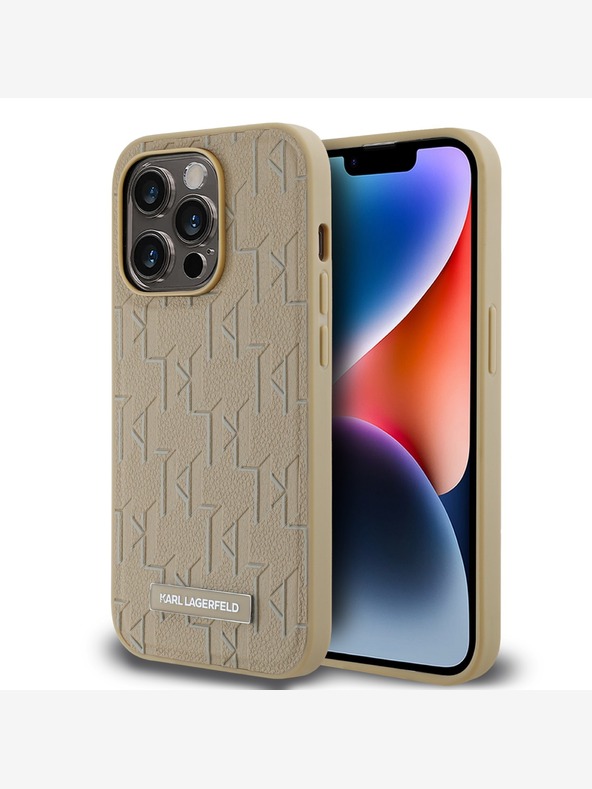 Karl Lagerfeld PU bőr monogramos fém logós Magsafe hátlap iPhone 15 Pro Max bézs Karl Lagerfeld bézs színű iPhone 15 Pro Maxhoz Karl Lagerfeld