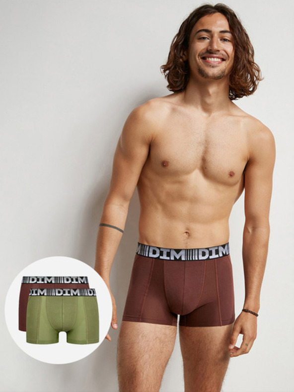 DIM Két darabos férfi boxer készlet zöld és sötétbarna színben DIM COTTON 3D FLEX AIR BOXER 2x