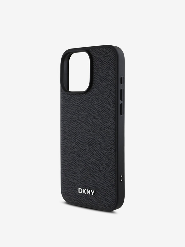 DKNY DKNY PU bőr ezüst fém logós Magsafe hátlap iPhone 16 Pro Max fekete iPhone 16 Pro Max készülékhez
