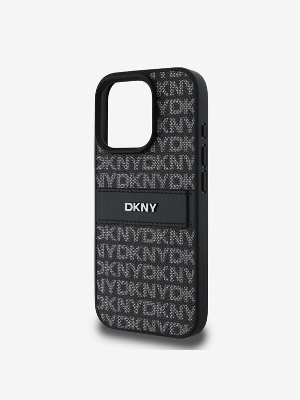 DKNY DKNY PU-bőr ismétlődő mintás, tónusos csíkos hátlapi borító iPhone 16 Pro készülékhez Fekete