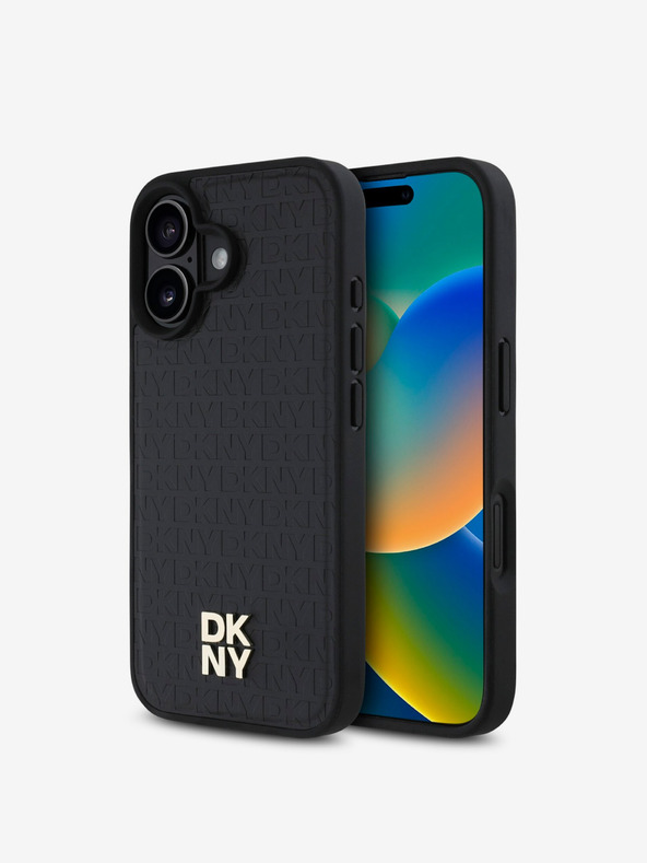 DKNY DKNY PU bőr ismétlődő mintás Stack Logo MagSafe hátlap iPhone 16-hoz Fekete