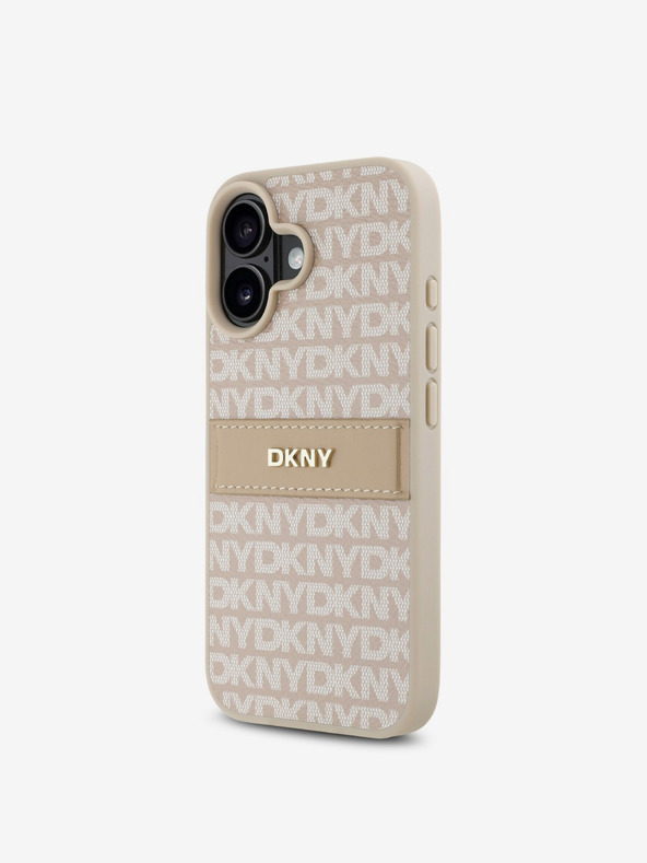 DKNY DKNY PU bőr ismétlődő mintás, tónusos csíkos hátlapi borító iPhone 16 Plus rózsaszínhez